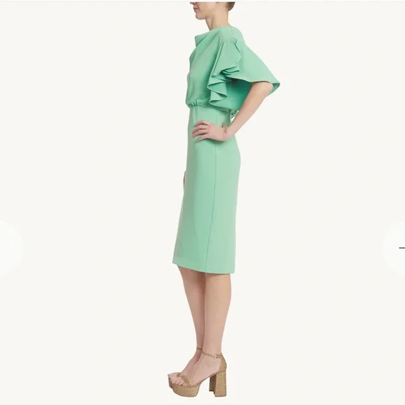 BADGLEY MISCHKA Green Blouson Sheath Dress Drapey Sleeves Cow Neck Size 16 NWOT‎ - Picture 2 of 12